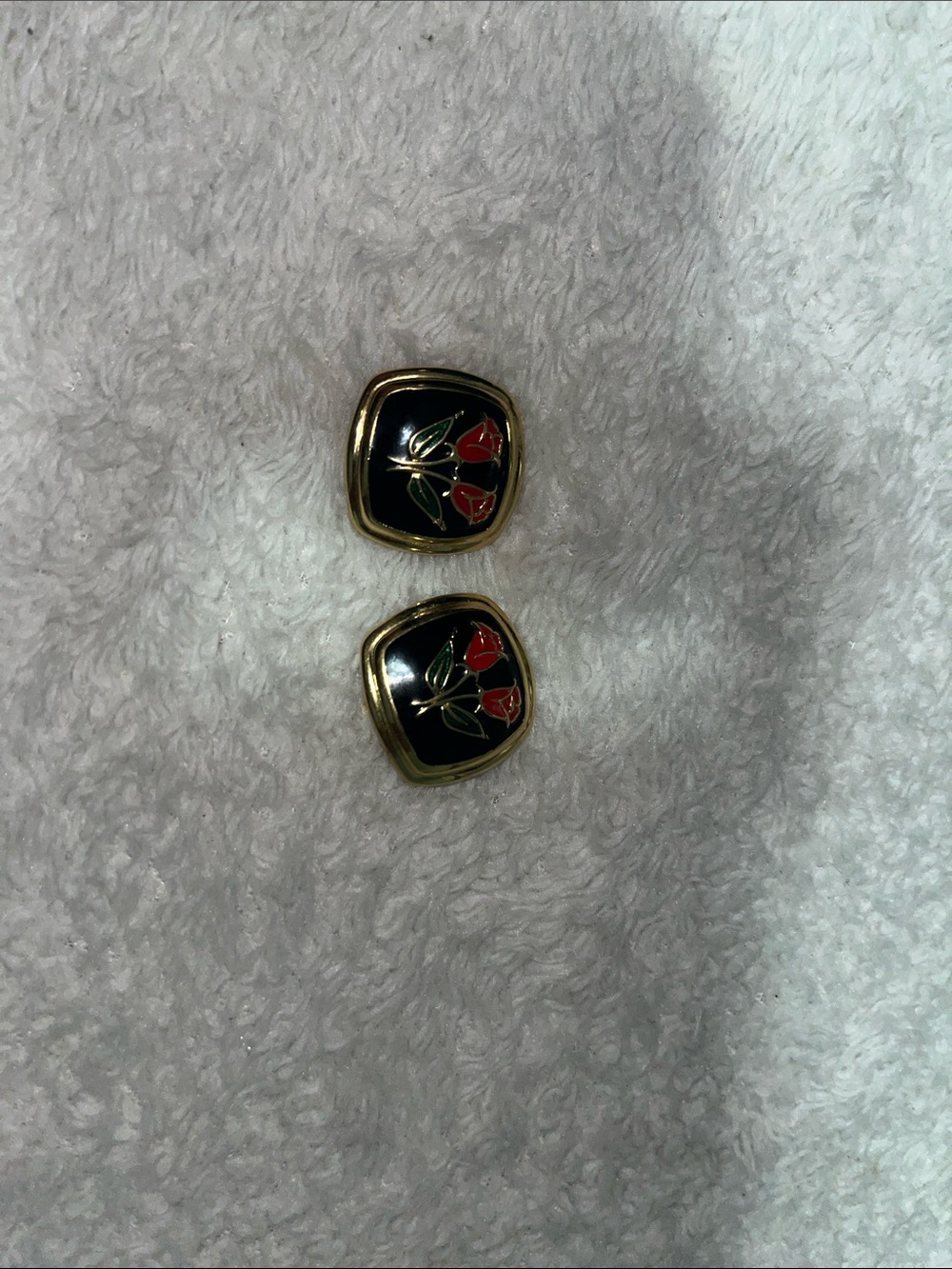 Vintage DOrlan Gold-Tone Black  Stud Earrings with Red Rose #J001